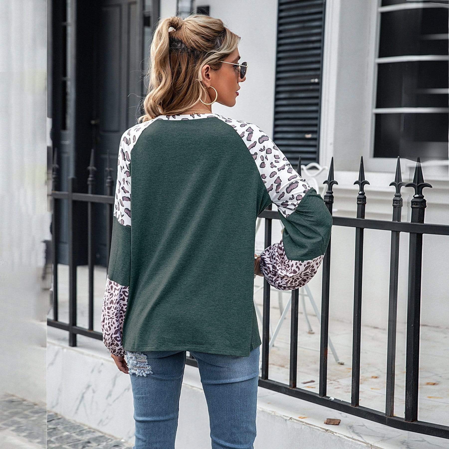 Anna-Kaci Leopard Print Color Block Baseball Long Sleeve Tee for Women