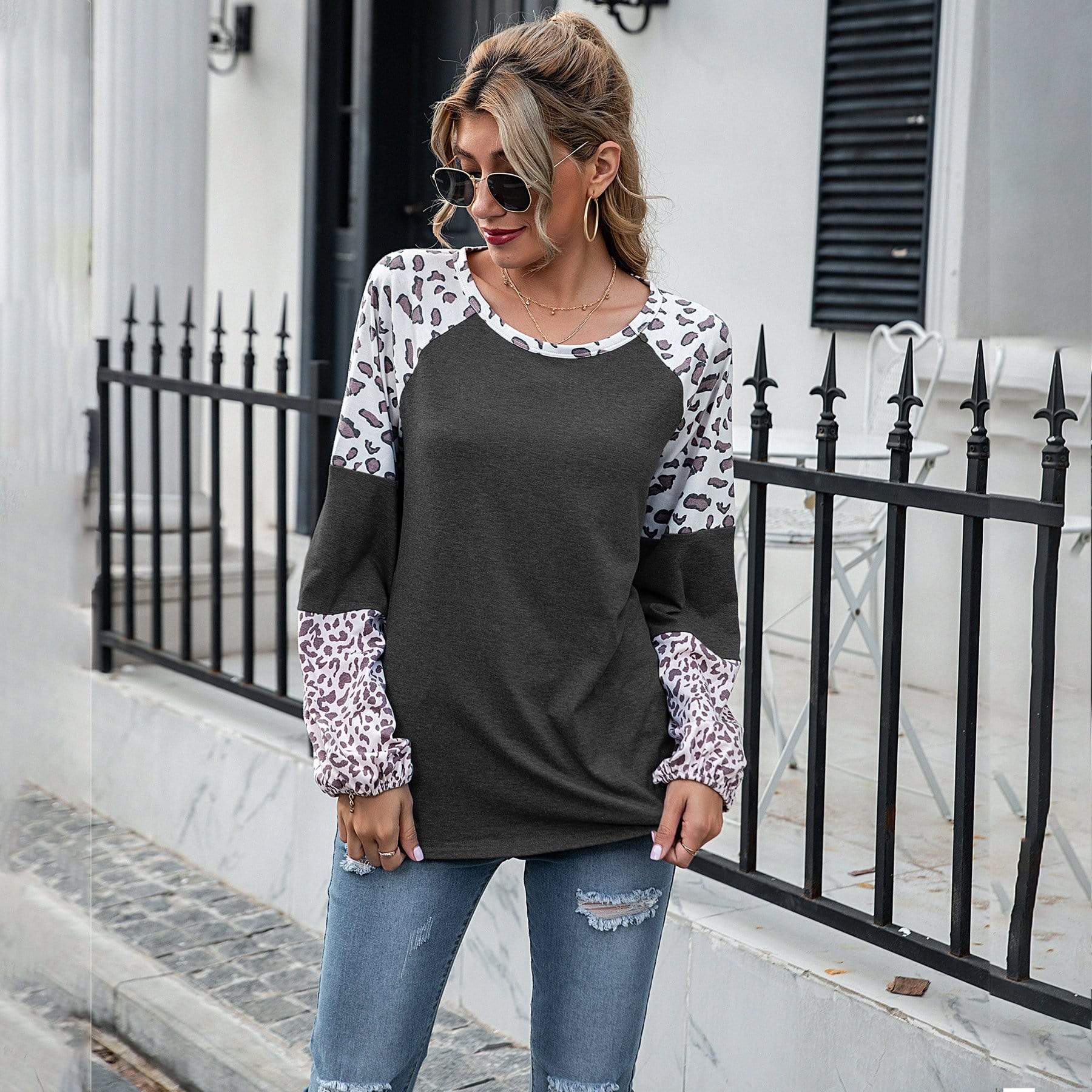 Anna-Kaci Leopard Print Color Block Baseball Long Sleeve Tee for Women