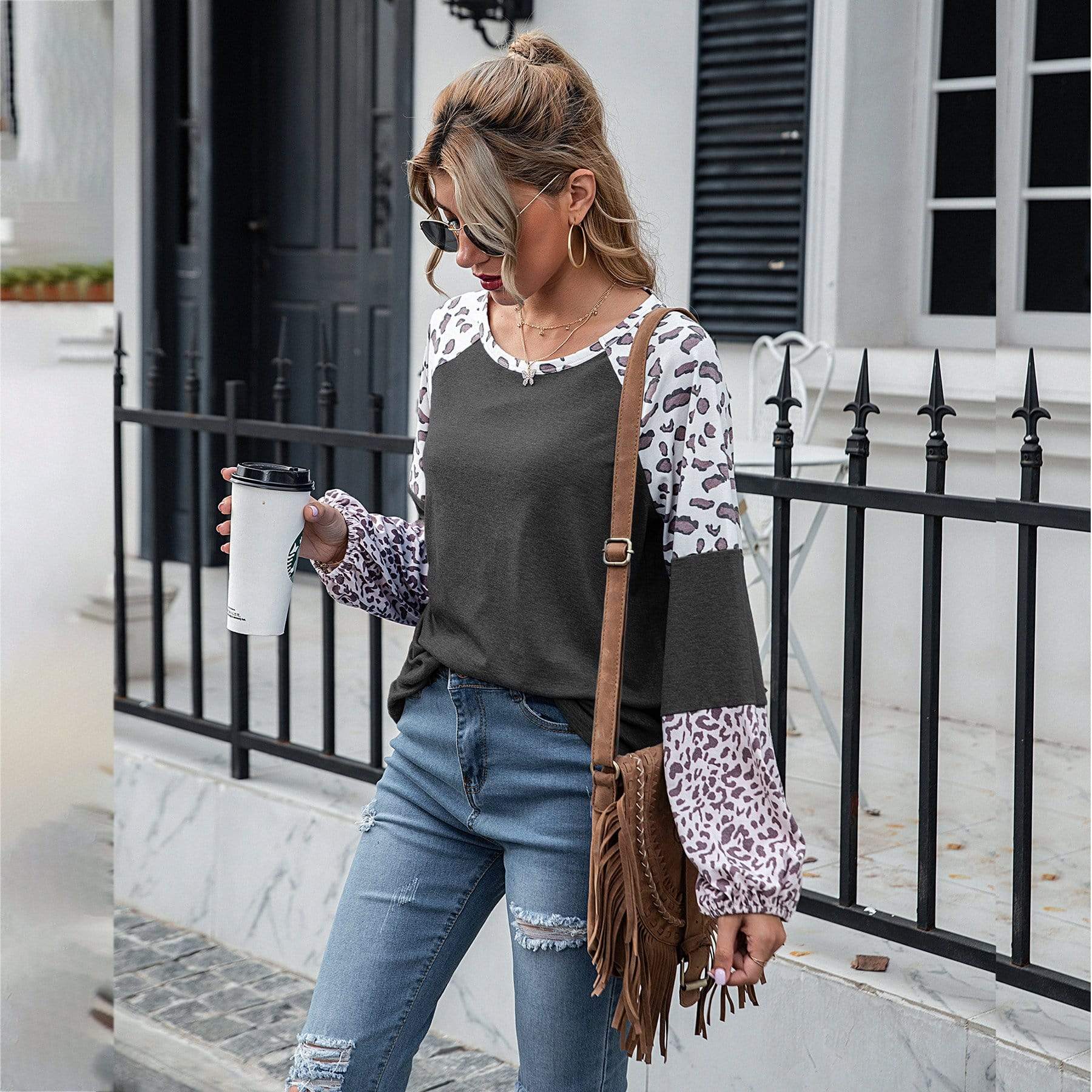 Anna-Kaci Leopard Print Color Block Baseball Long Sleeve Tee for Women