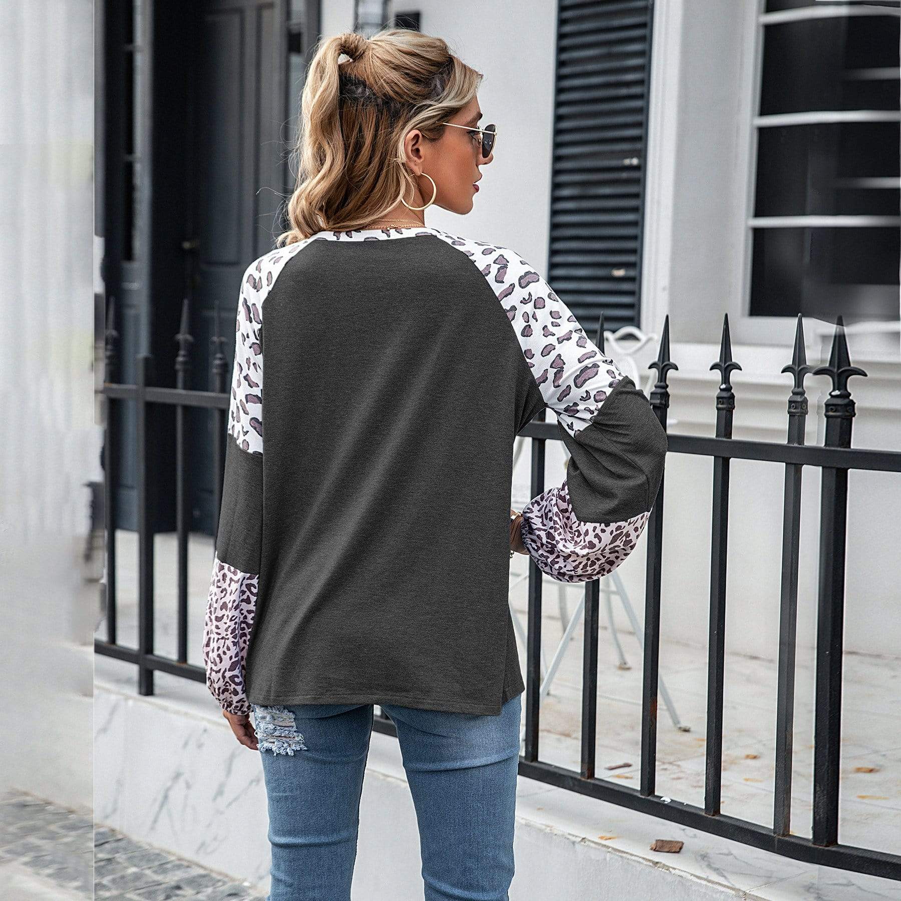 Anna-Kaci Leopard Print Color Block Baseball Long Sleeve Tee for Women