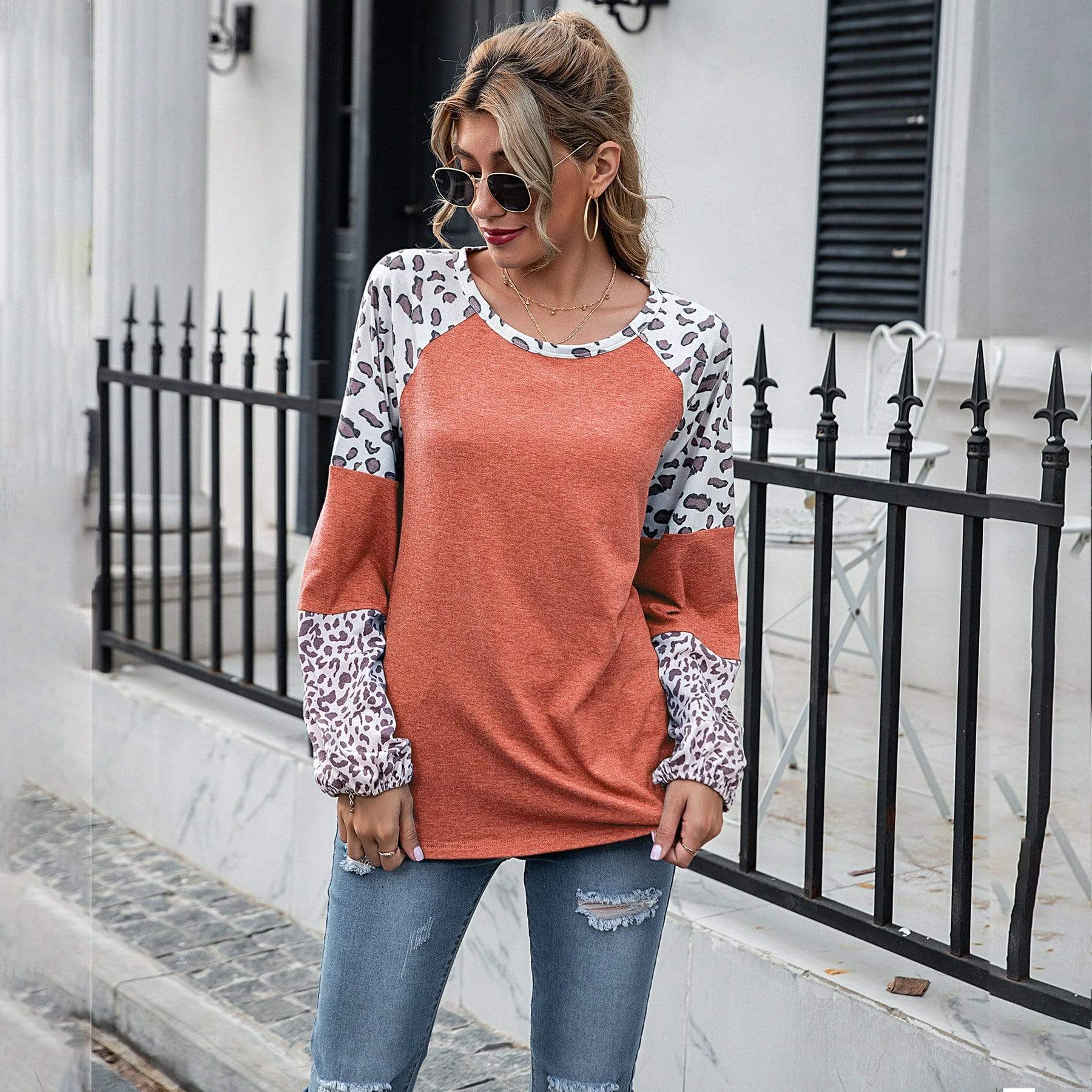 Anna-Kaci Leopard Print Color Block Baseball Long Sleeve Tee for Women