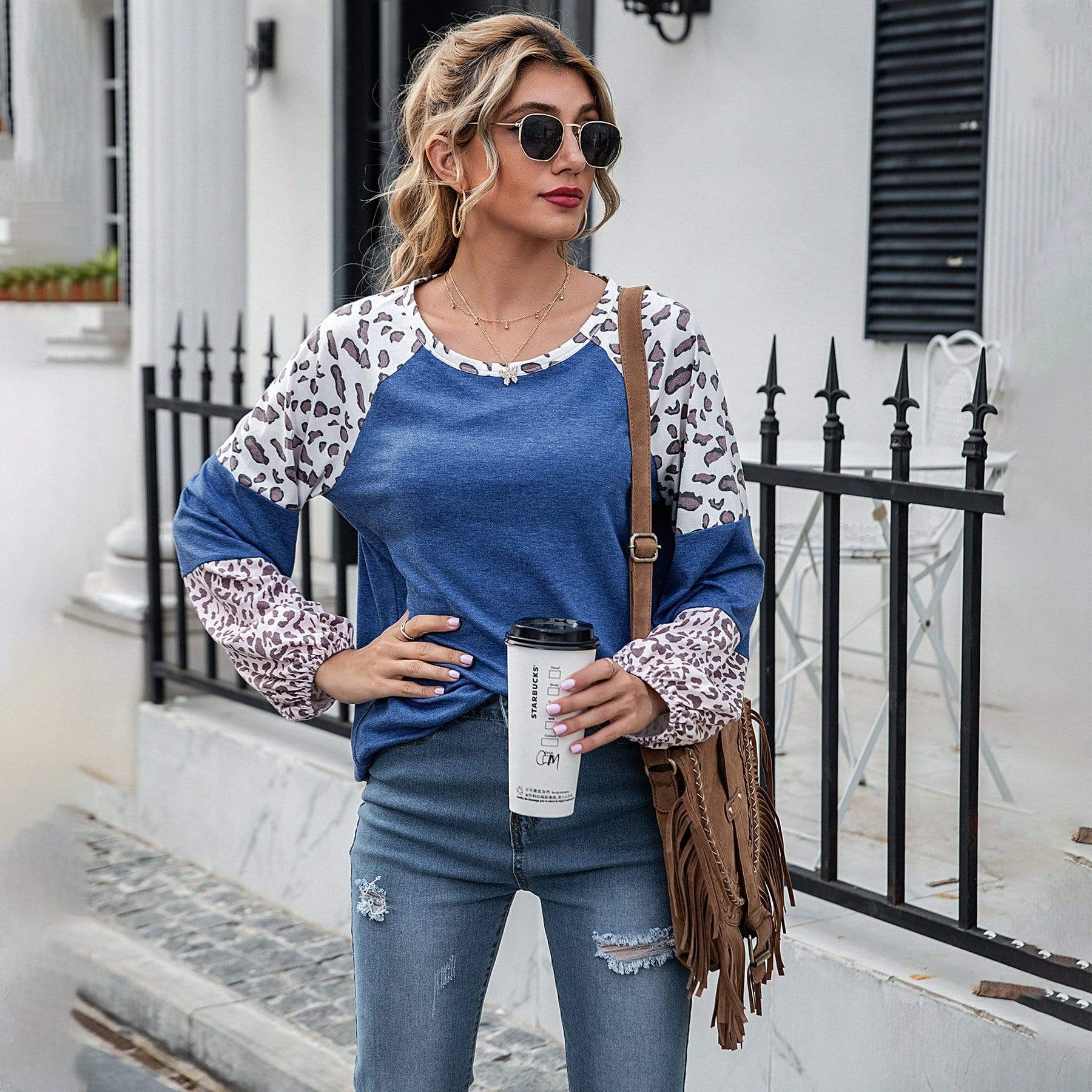 Anna-Kaci Leopard Print Color Block Baseball Long Sleeve Tee for Women