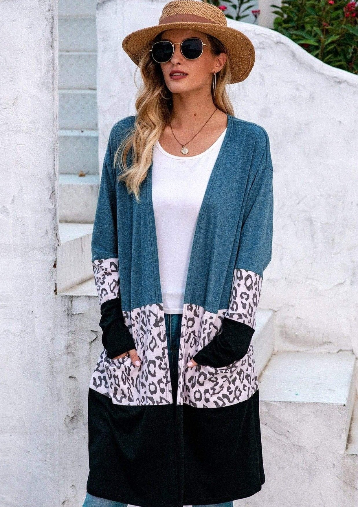 Anna-Kaci Leopard Print Color Block Long Open Front Cardigan Knee Length for Women Large 8-10 / Blue
