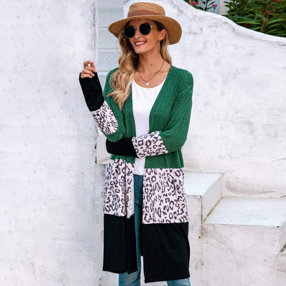 Anna-Kaci Leopard Print Color Block Long Open Front Cardigan Knee Length for Women Large 8-10 / Green