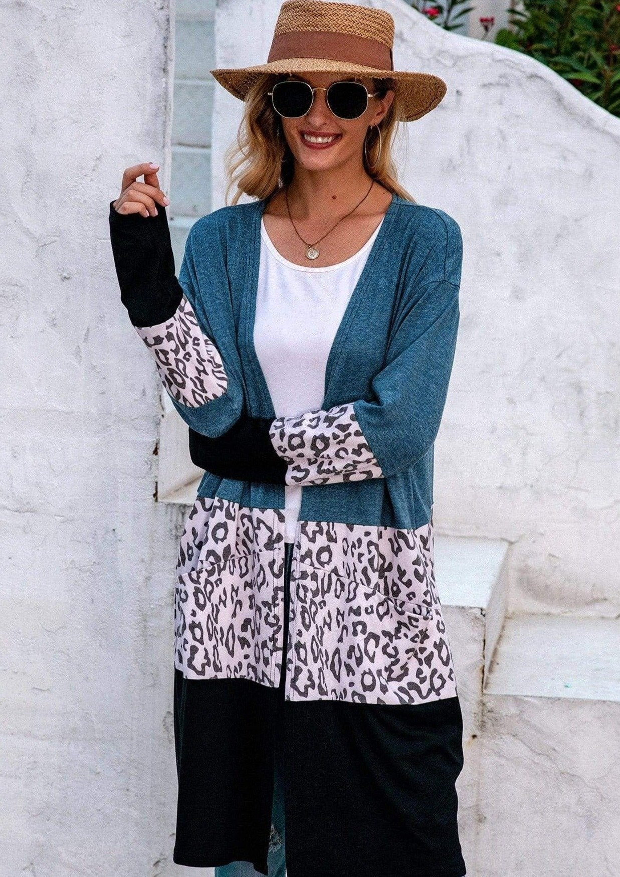 Anna-Kaci Leopard Print Color Block Long Open Front Cardigan Knee Length for Women