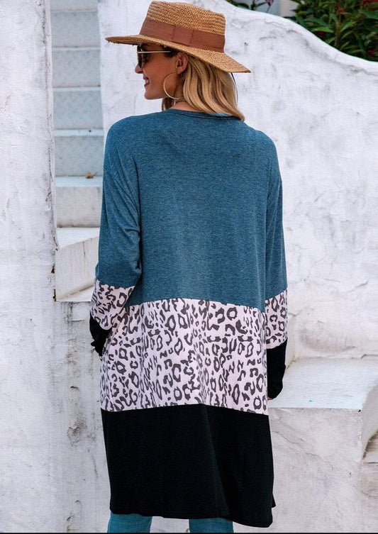 Anna-Kaci Leopard Print Color Block Long Open Front Cardigan Knee Length for Women