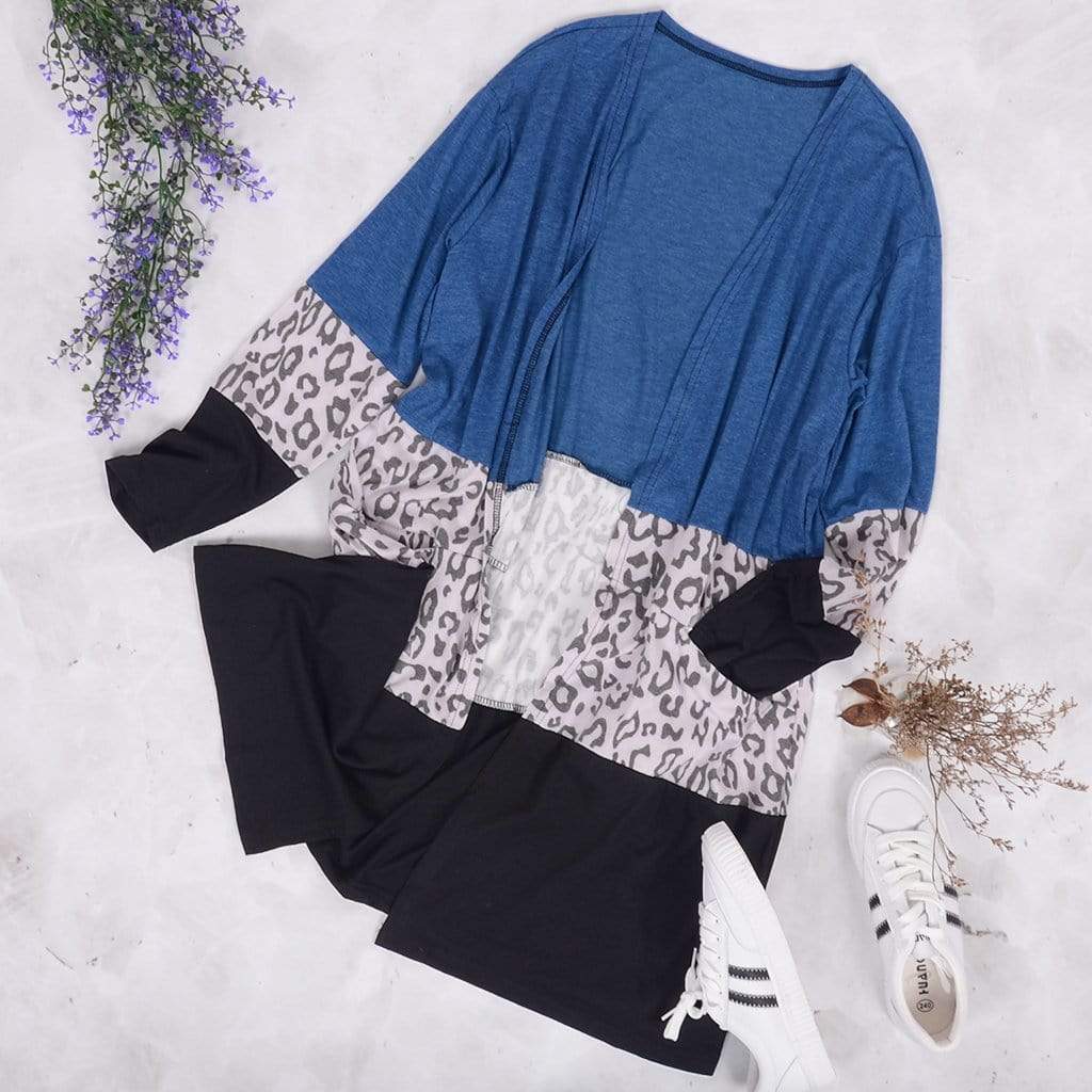 Anna-Kaci Leopard Print Color Block Long Open Front Cardigan Knee Length for Women