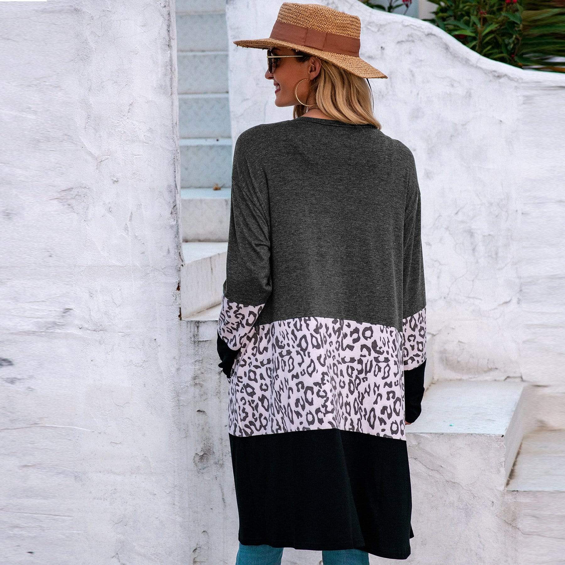 Anna-Kaci Leopard Print Color Block Long Open Front Cardigan Knee Length for Women