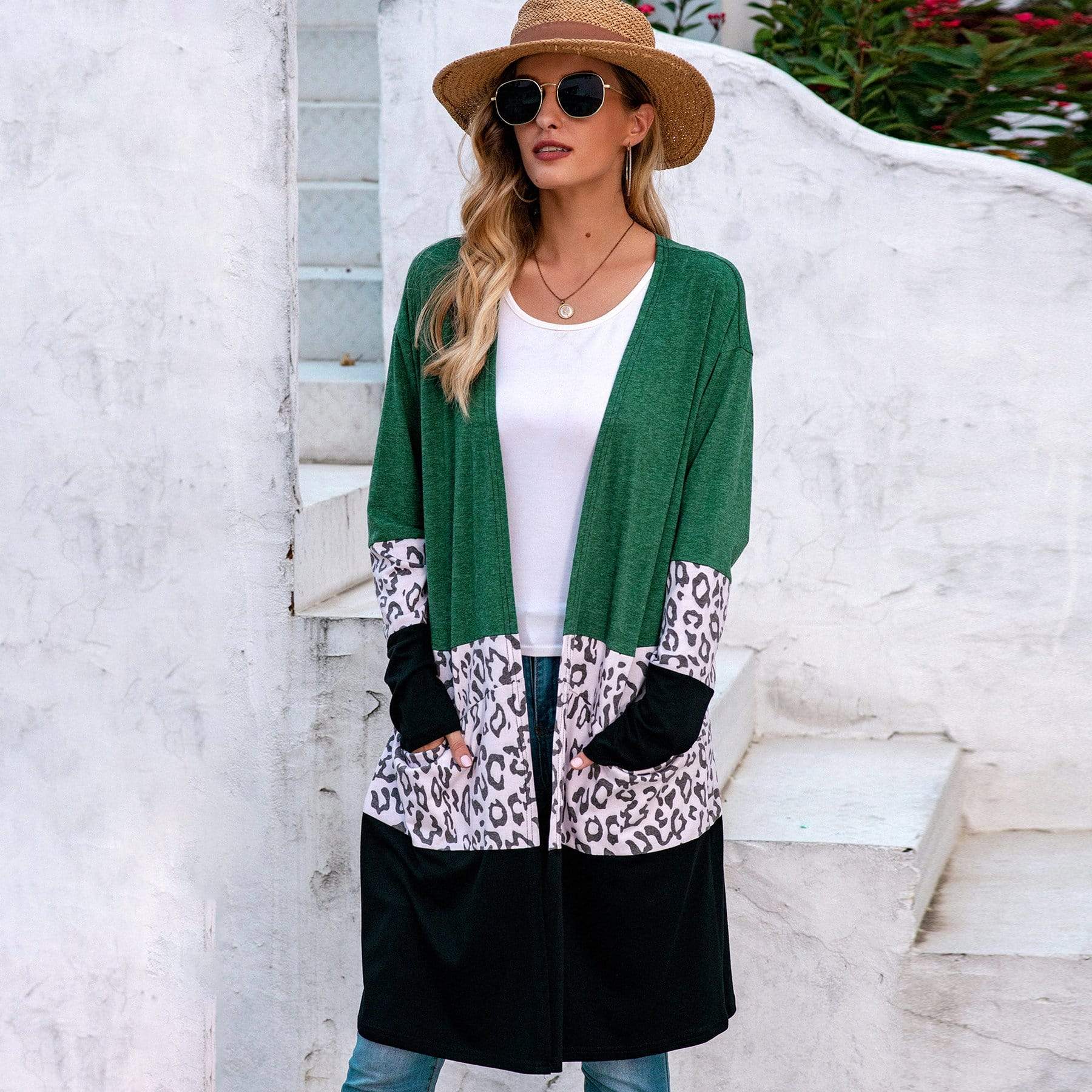 Anna-Kaci Leopard Print Color Block Long Open Front Cardigan Knee Length for Women