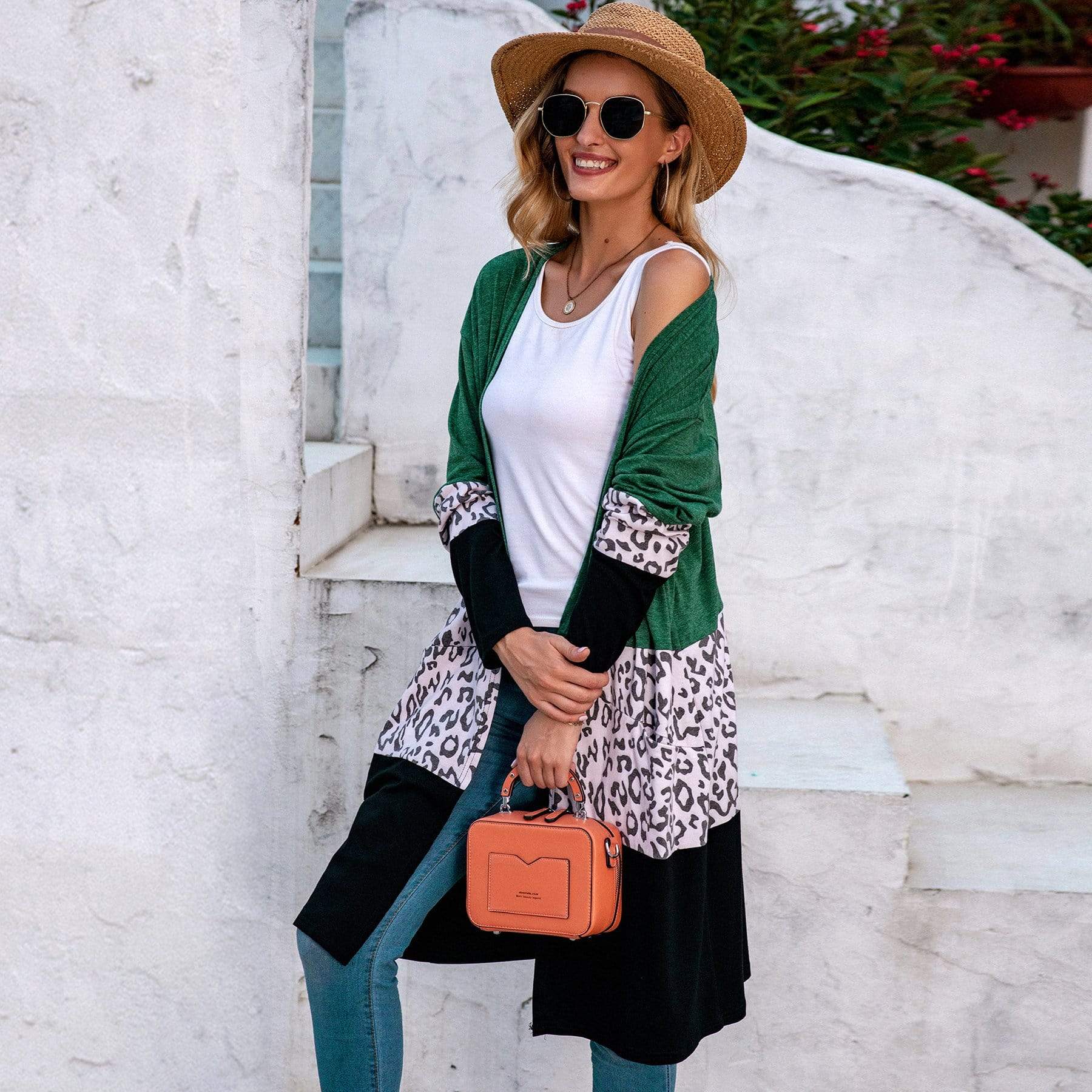 Anna-Kaci Leopard Print Color Block Long Open Front Cardigan Knee Length for Women