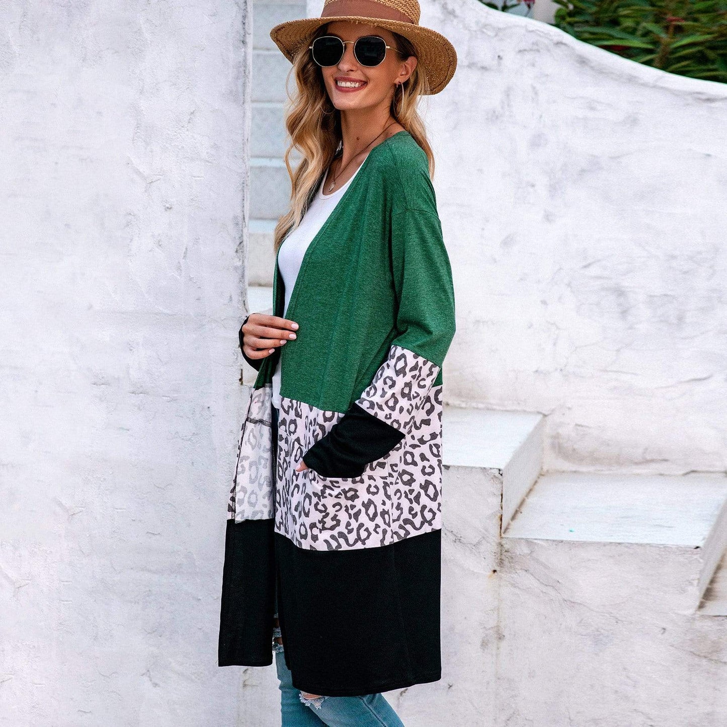 Anna-Kaci Leopard Print Color Block Long Open Front Cardigan Knee Length for Women