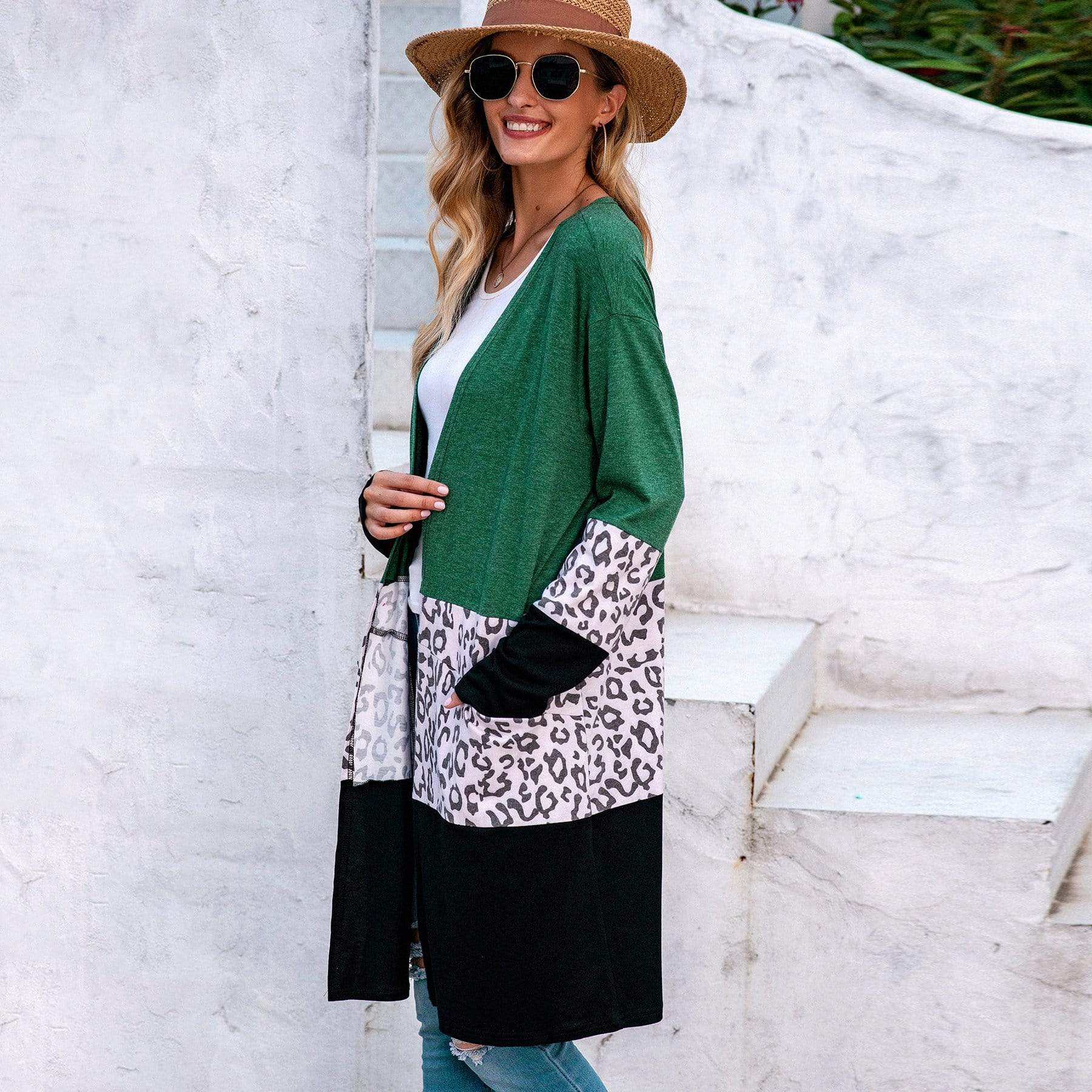 Anna-Kaci Leopard Print Color Block Long Open Front Cardigan Knee Length for Women