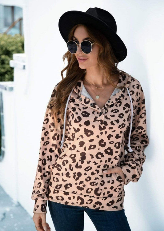 Anna-Kaci Leopard Print Drawstring Hoodie Long Sleeve for Women Large 8-10 / Brown
