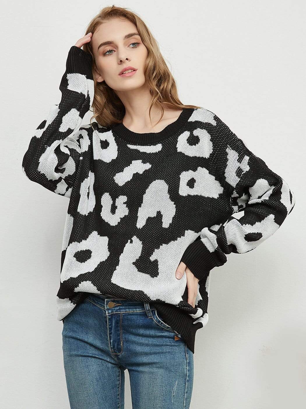 Anna-Kaci Leopard Print Knitted Long Sleeve Sweater Pullover for Women