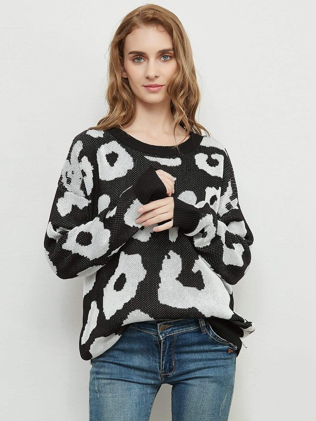 Anna-Kaci Leopard Print Knitted Long Sleeve Sweater Pullover for Women