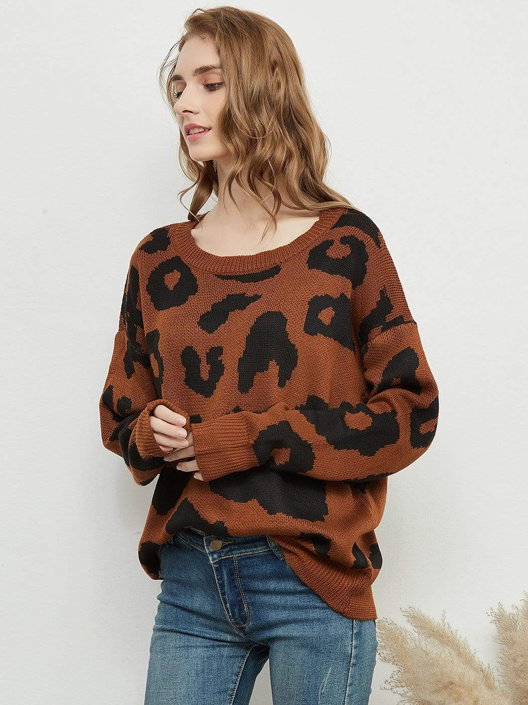 Anna-Kaci Leopard Print Knitted Long Sleeve Sweater Pullover for Women