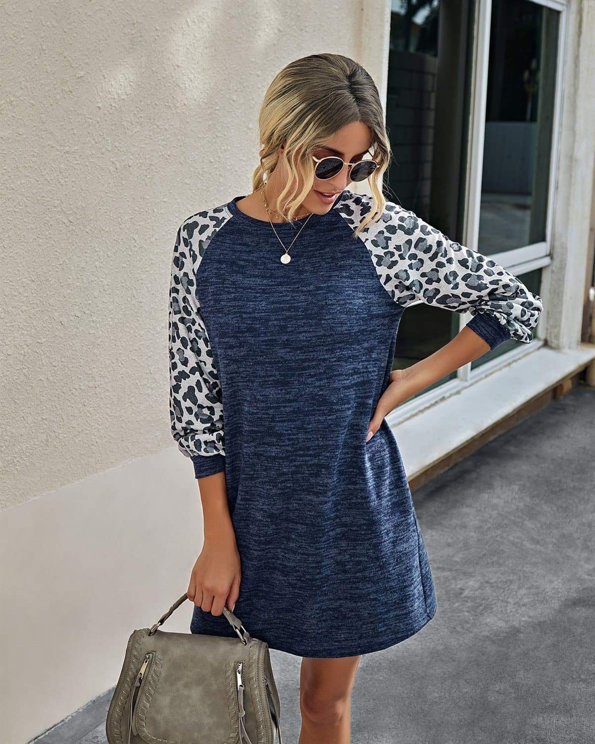 Anna-Kaci Leopard Print Long Sleeve Tunic Dress with Round Neck for Women