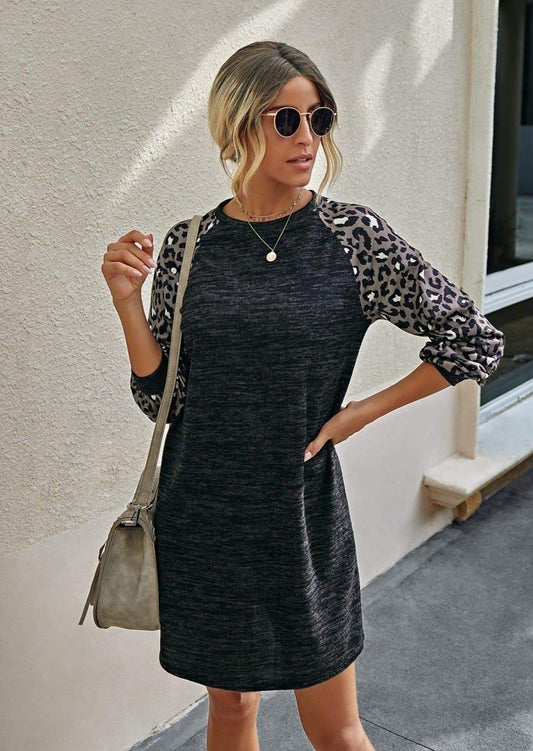 Anna-Kaci Leopard Print Long Sleeve Tunic Dress with Round Neck for Women