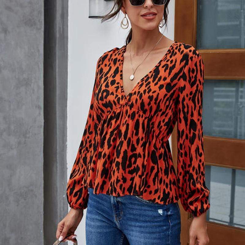 Anna-Kaci Leopard Print Ruffle Long Sleeve Blouse V Neck Line for Women Large 8-10 / Orange