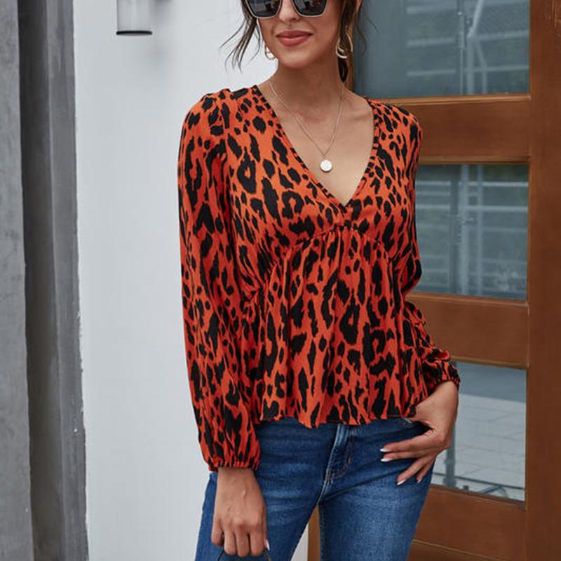 Anna-Kaci Leopard Print Ruffle Long Sleeve Blouse V Neck Line for Women