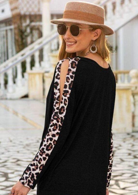 Anna-Kaci Leopard Print Two Tone Slit Long Sleeve Top for Women