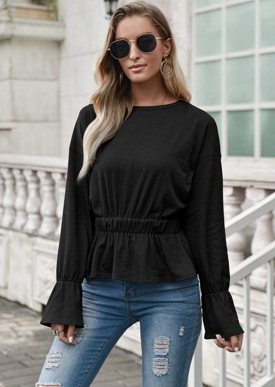 Anna-Kaci Lined Cinched Waist Ruffle Long Sleeve Top Round Neckline for Women Large 8-10 / Black