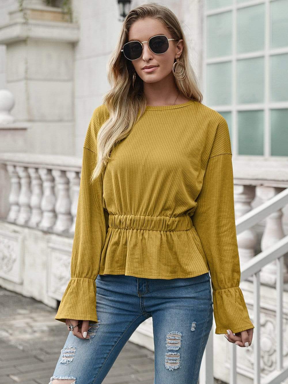 Anna-Kaci Lined Cinched Waist Ruffle Long Sleeve Top Round Neckline for Women Large 8-10 / Yellow