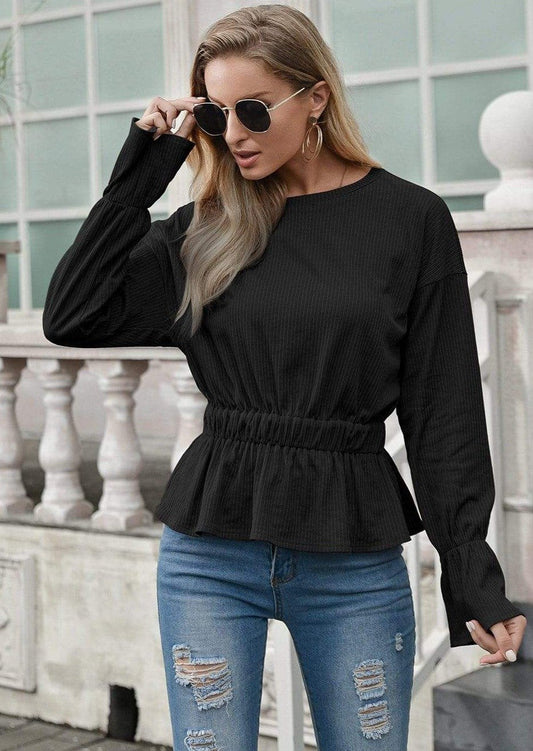 Anna-Kaci Lined Cinched Waist Ruffle Long Sleeve Top Round Neckline for Women