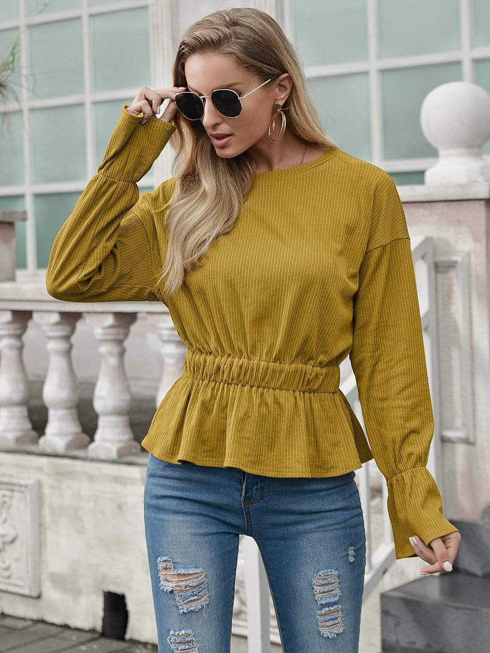 Anna-Kaci Lined Cinched Waist Ruffle Long Sleeve Top Round Neckline for Women