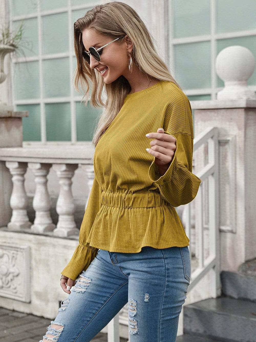 Anna-Kaci Lined Cinched Waist Ruffle Long Sleeve Top Round Neckline for Women