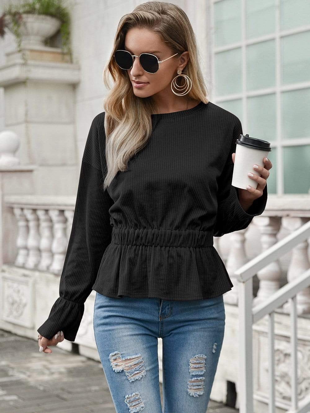 Anna-Kaci Lined Cinched Waist Ruffle Long Sleeve Top Round Neckline for Women