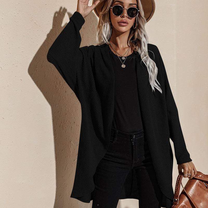 Anna-Kaci Long Sleeve Open Front Knitted Cardigan Light Thin Outerwear for Women Large 8-10 / Black