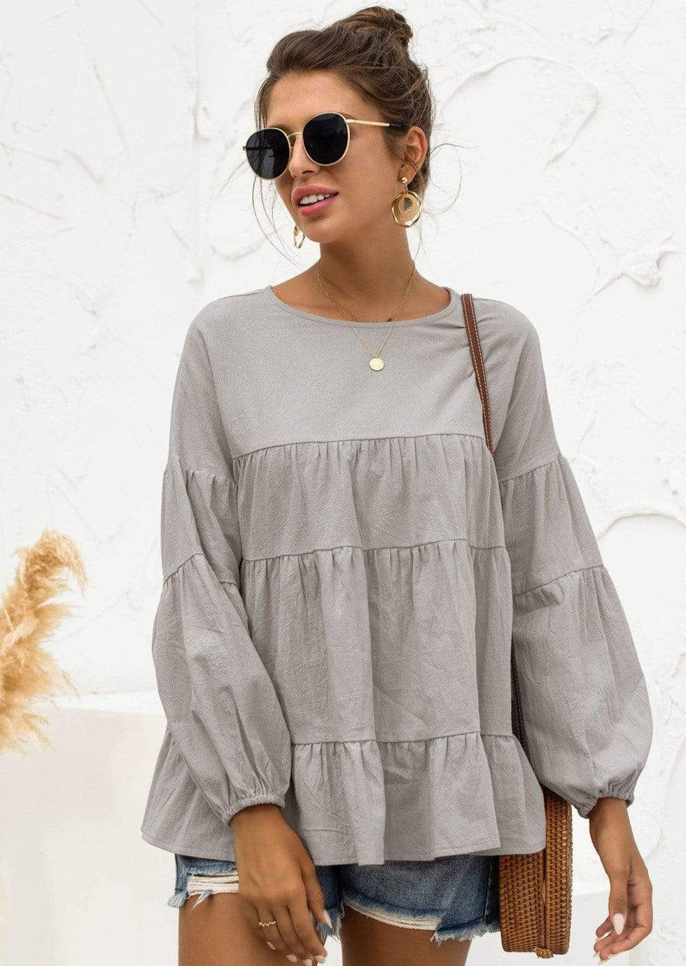 Anna-Kaci Long Sleeve Ruffle Tiered Layered Round Neck Lightweight Top for Woemn Large 8-10 / Gray