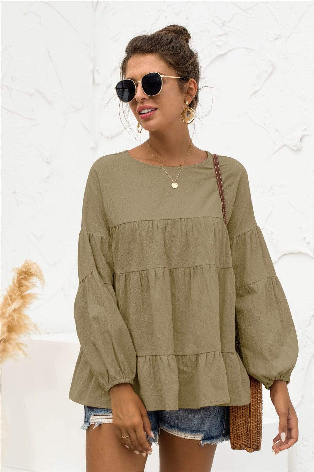 Anna-Kaci Long Sleeve Ruffle Tiered Layered Round Neck Lightweight Top for Woemn Large 8-10 / Olive Green