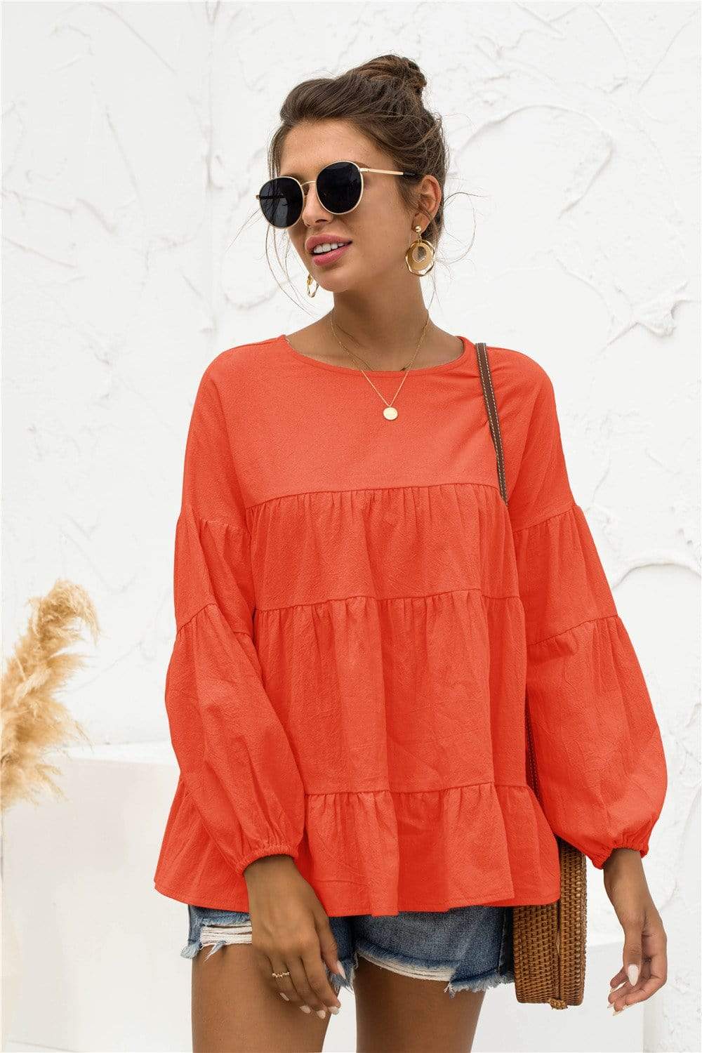 Anna-Kaci Long Sleeve Ruffle Tiered Layered Round Neck Lightweight Top for Woemn Large 8-10 / Orange