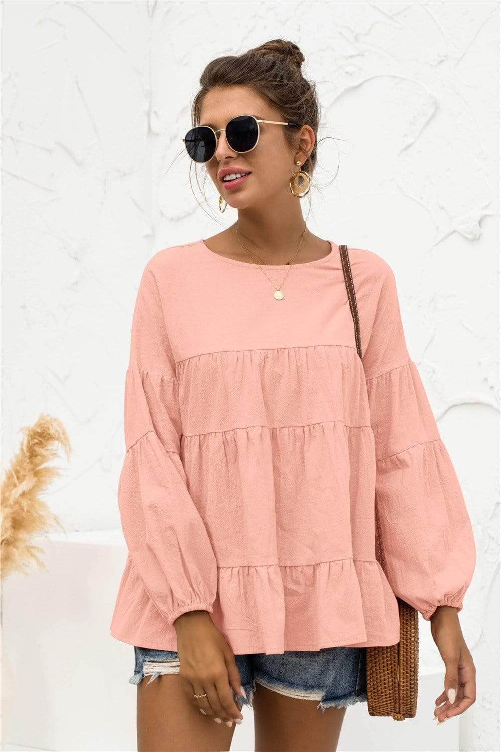 Anna-Kaci Long Sleeve Ruffle Tiered Layered Round Neck Lightweight Top for Woemn Large 8-10 / Pink