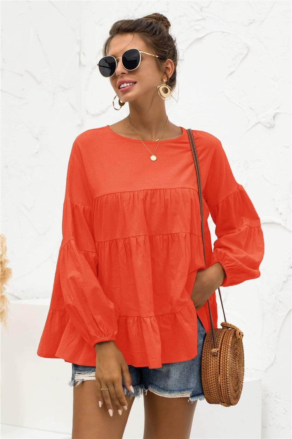 Anna-Kaci Long Sleeve Ruffle Tiered Layered Round Neck Lightweight Top for Woemn