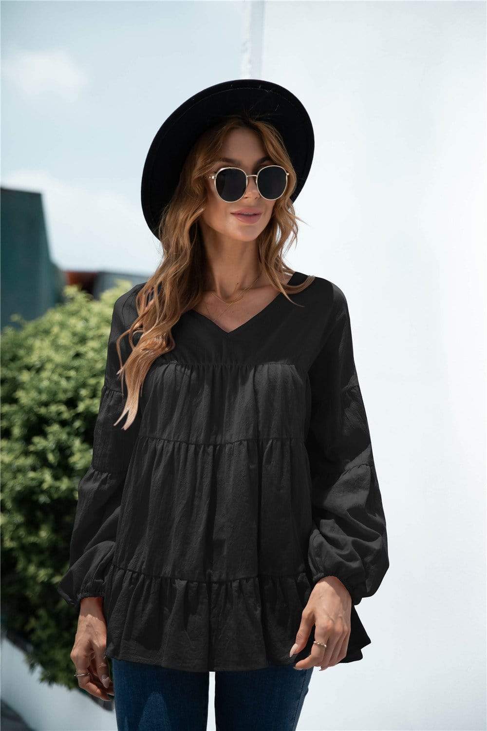 Anna-Kaci Long Sleeve Ruffle Tiered Layered V Neck Lightweight Top for Woemn Large 8-10 / Black