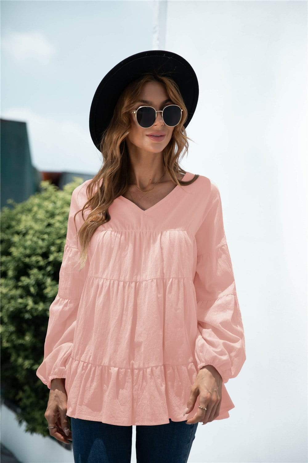 Anna-Kaci Long Sleeve Ruffle Tiered Layered V Neck Lightweight Top for Woemn Large 8-10 / Pink