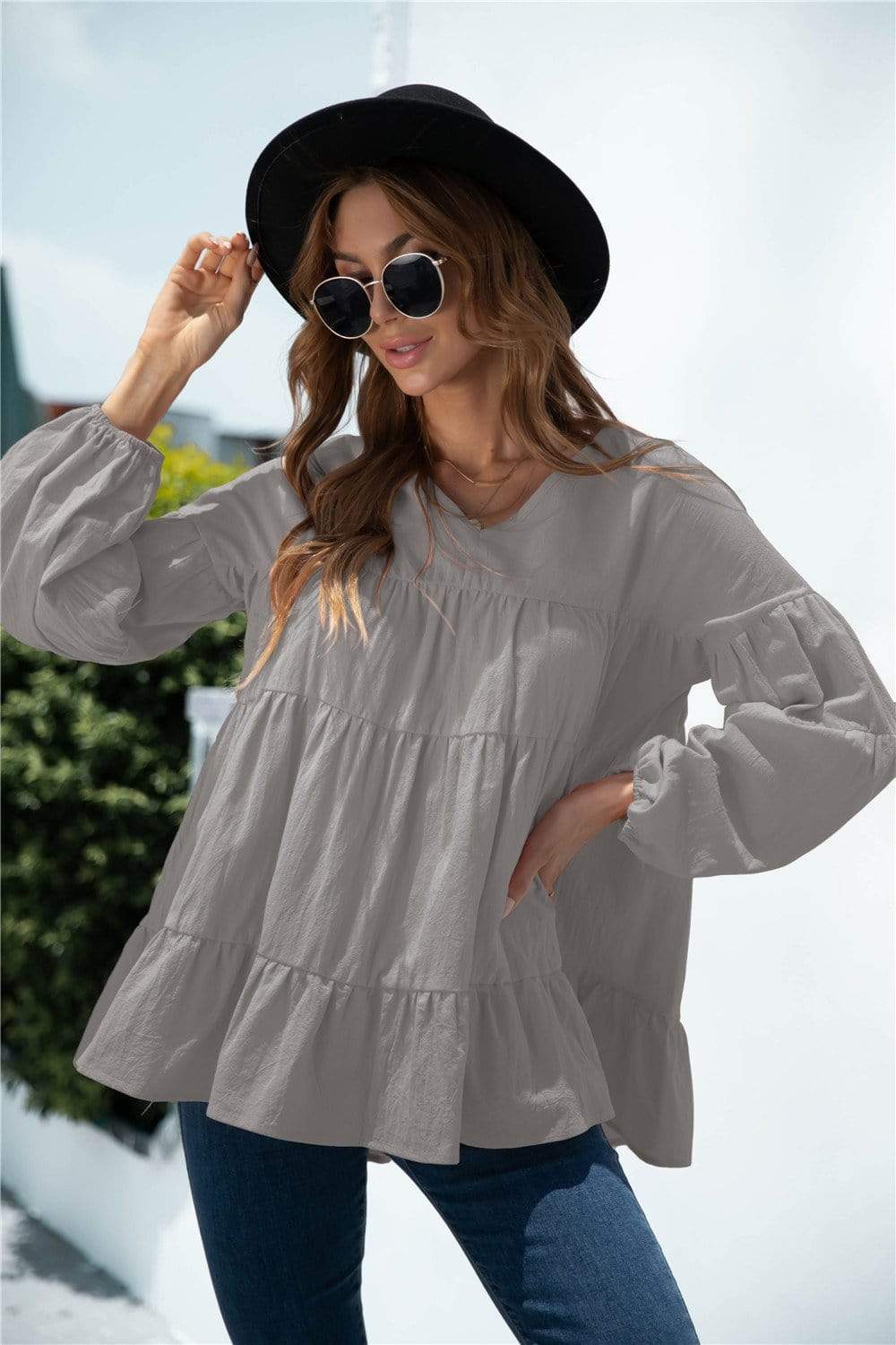 Anna-Kaci Long Sleeve Ruffle Tiered Layered V Neck Lightweight Top for Woemn