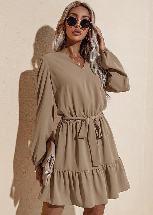 Anna-Kaci Long Sleeve Tied Waist V Neckline Ruffle Tiered Tunic Midi Dress Large 8-10 / Beige