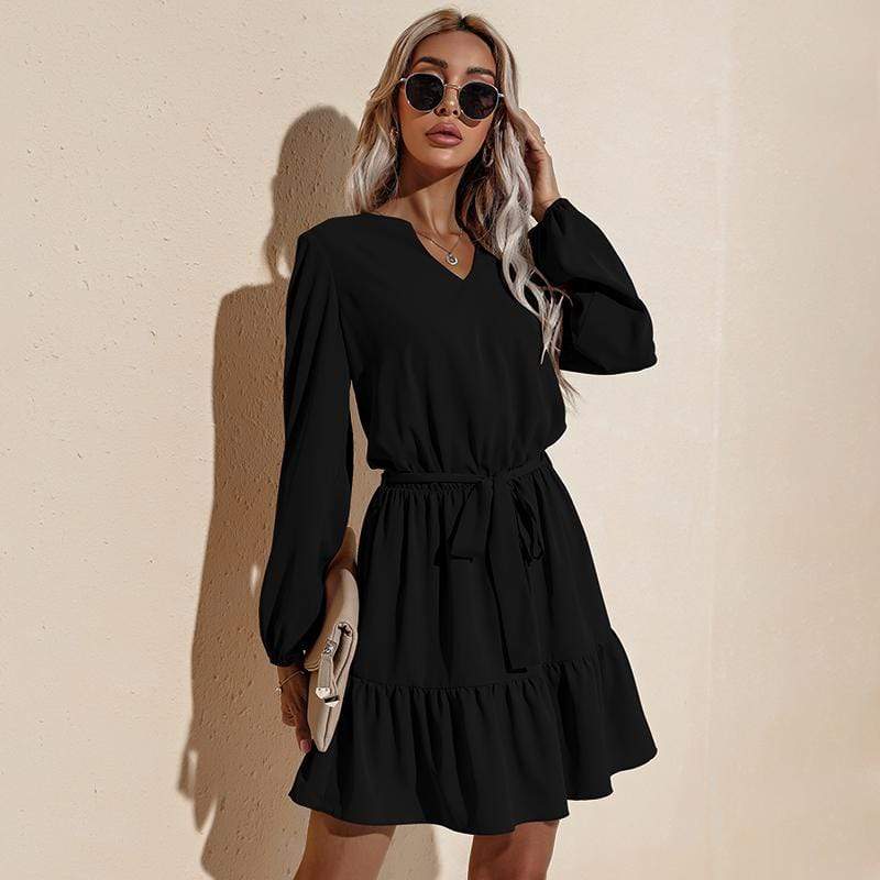 Anna-Kaci Long Sleeve Tied Waist V Neckline Ruffle Tiered Tunic Midi Dress Large 8-10 / Black