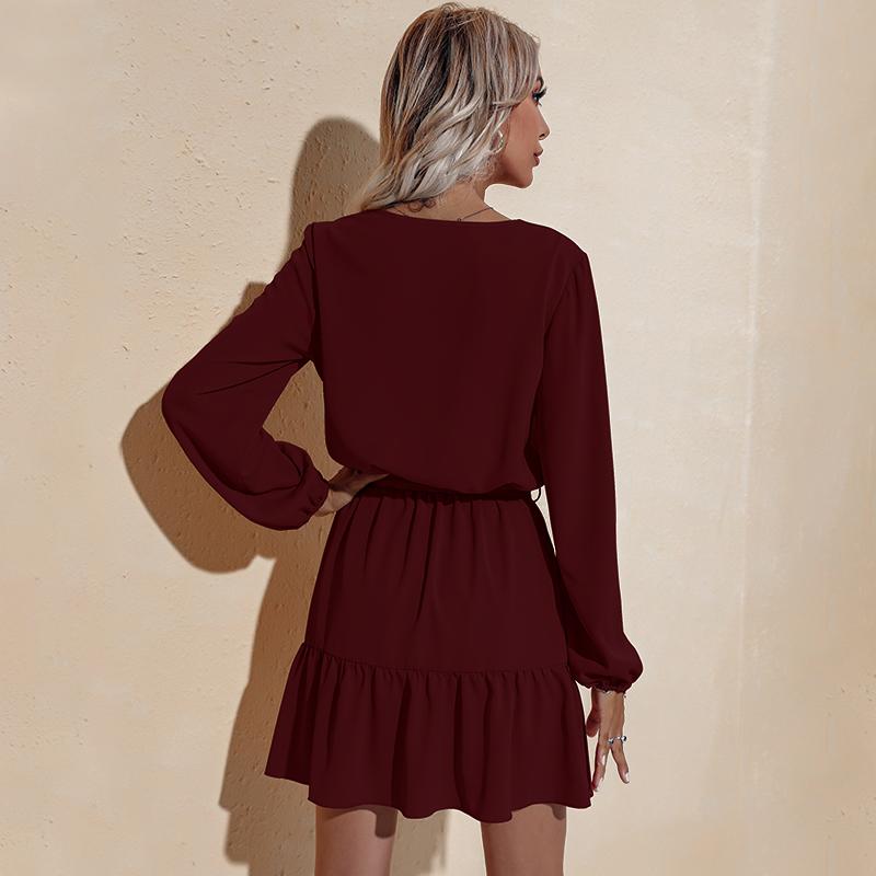 Anna-Kaci Long Sleeve Tied Waist V Neckline Ruffle Tiered Tunic Midi Dress Large 8-10 / Burgundy