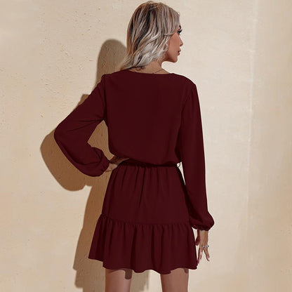 Anna-Kaci Long Sleeve Tied Waist V Neckline Ruffle Tiered Tunic Midi Dress Large 8-10 / Burgundy