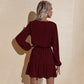 Anna-Kaci Long Sleeve Tied Waist V Neckline Ruffle Tiered Tunic Midi Dress Large 8-10 / Burgundy