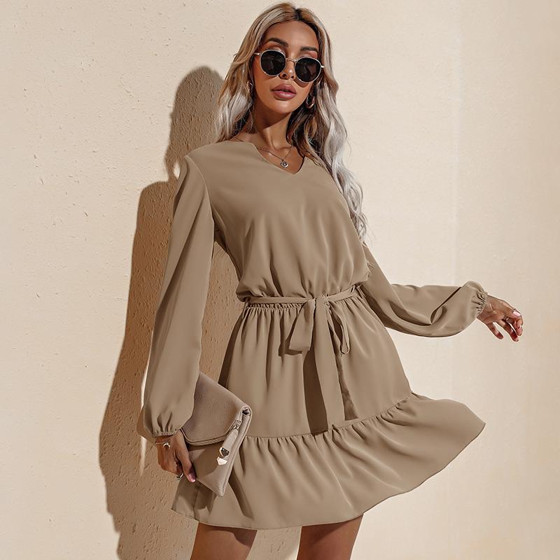 Anna-Kaci Long Sleeve Tied Waist V Neckline Ruffle Tiered Tunic Midi Dress