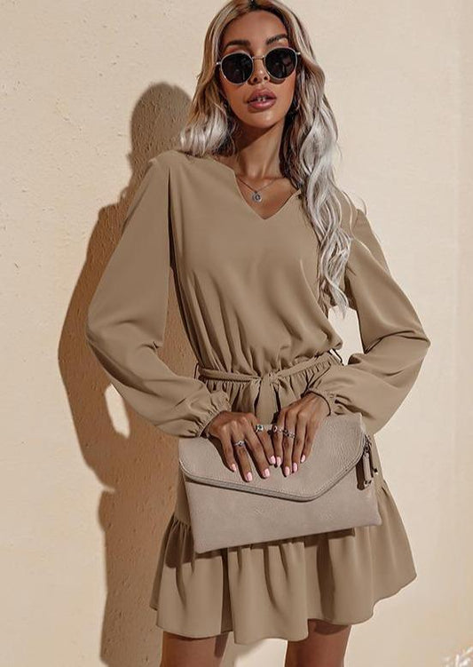 Anna-Kaci Long Sleeve Tied Waist V Neckline Ruffle Tiered Tunic Midi Dress