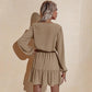 Anna-Kaci Long Sleeve Tied Waist V Neckline Ruffle Tiered Tunic Midi Dress