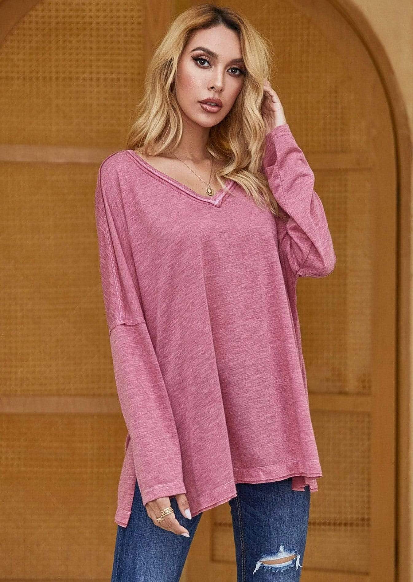 Anna-Kaci Long Sleeve V-Neck Casual Tee Lightweight Relaxed Fit Top for Women 2XL 12-14 / Mauve