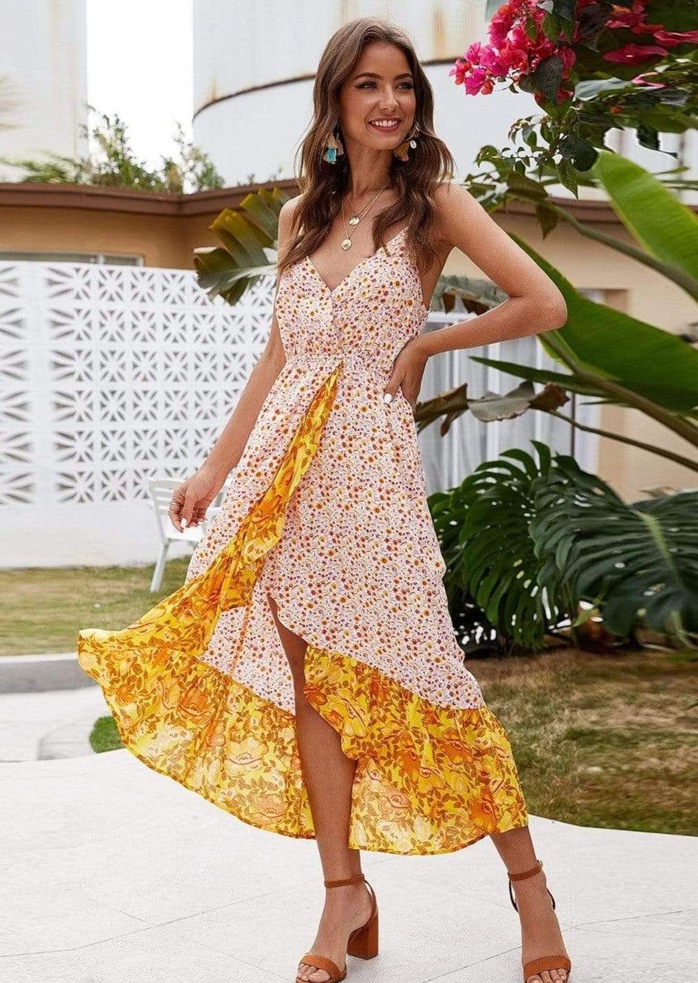 Anna-Kaci Mixed Boho Paisley Floral Print Slit Front Midi Cami Dress